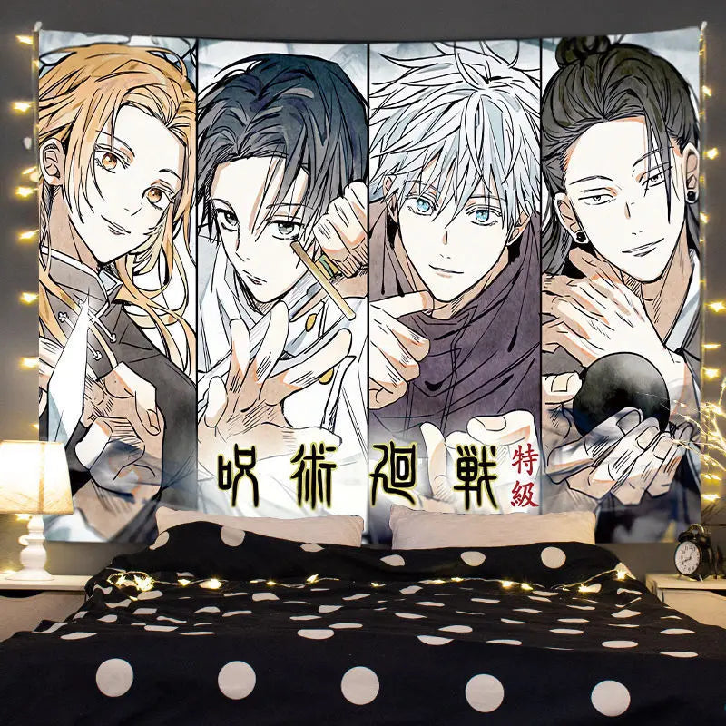 Anime tapestry wall hanging featuring portraits of Jujutsu Kaisen characters Gojo Satoru and others.