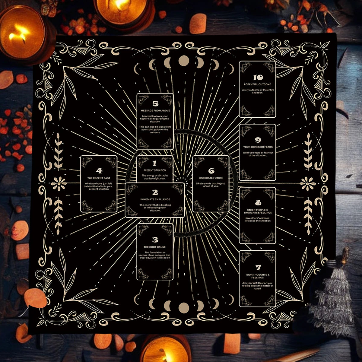 A black altar cloth with white Celtic cross design surrounded by decorative elements and lit candles.