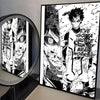 A canvas print featuring a dramatic anime character with spiky black hair and intense eyes against a stark background.