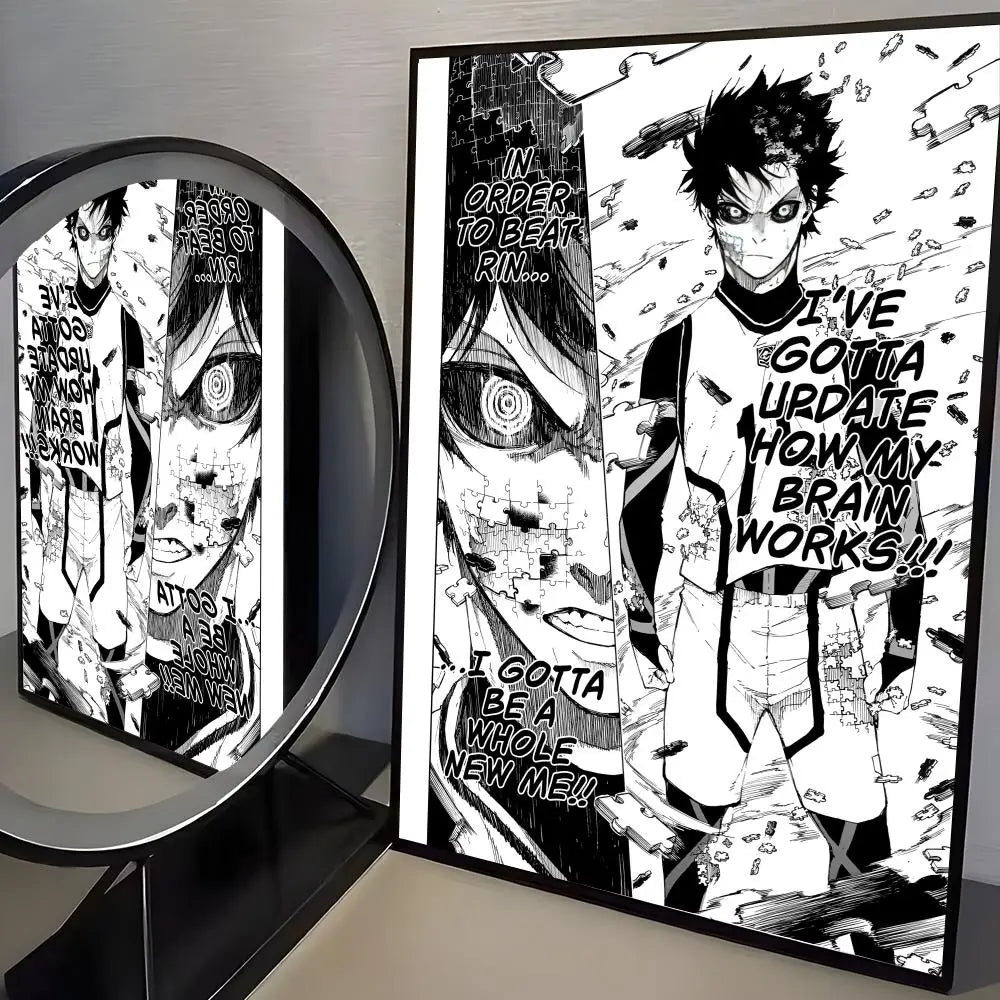 A canvas print featuring a dramatic anime character with spiky black hair and intense eyes against a stark background.