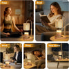 A collection of adjustable heat candle warmer lamps shown in various contexts: yoga, reading, work, sleep, and a new home set