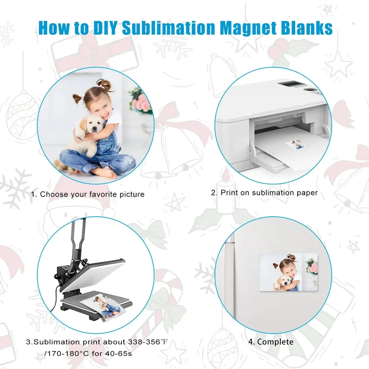 Instructions showing how to DIY sublimation magnet blanks, including choosing a picture, printing on paper, sublimating the p