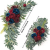 A floral kit featuring deep red and blue roses accented with dusty rose and blue eucalyptus greenery.