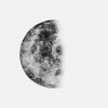 A minimalist black and white print of the moon showing a partial phase against a light gray background.