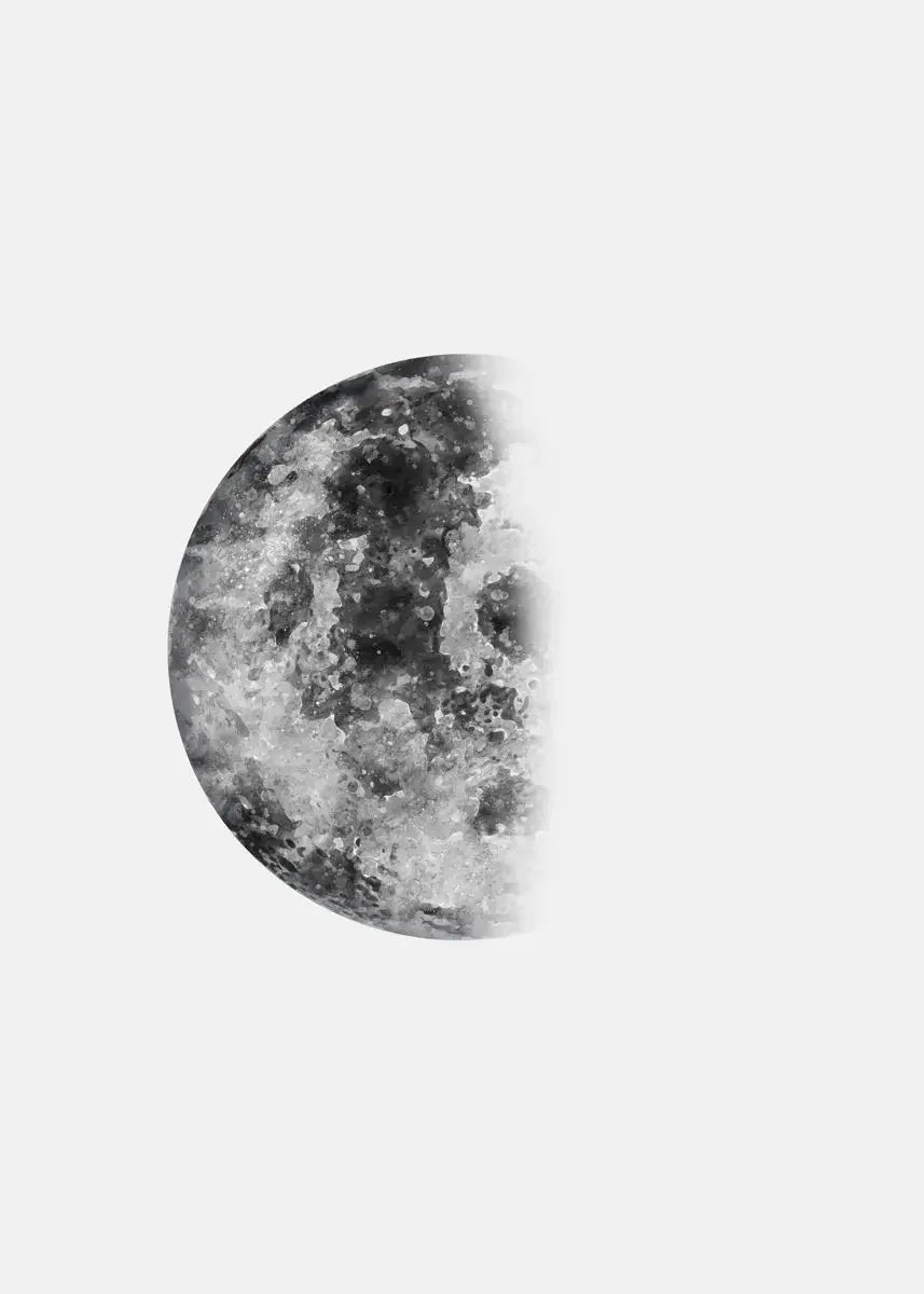 A minimalist black and white print of the moon showing a partial phase against a light gray background.