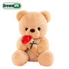 Brown teddy bear plush toy with a red rose attached to its chest