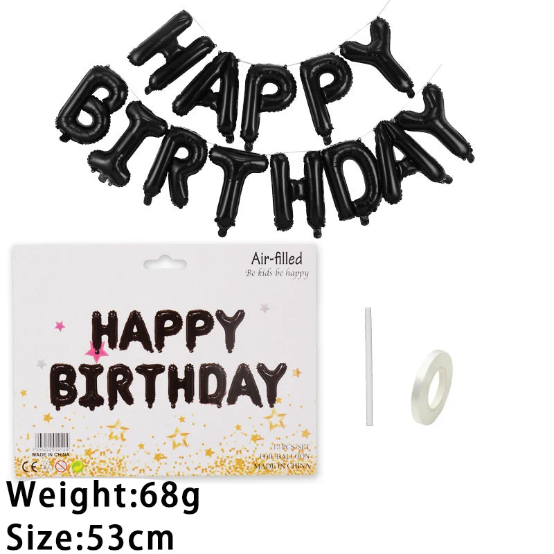 A set of 13 black foil letter balloons spelling out HAPPY BIRTHDAY on a white card.