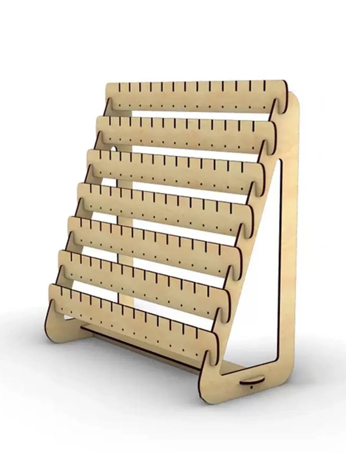 A wooden earring organizer with multiple slots for displaying jewelry.