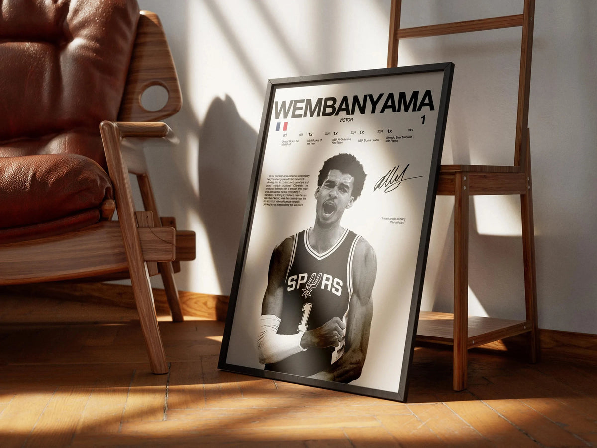 A framed canvas wall art poster featuring a portrait of a basketball player, labeled WEMBANYAMA VICTOR.