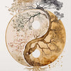 A watercolor painting depicting a tree branch forming the shape of a Yin-Yang symbol with foliage and clouds.