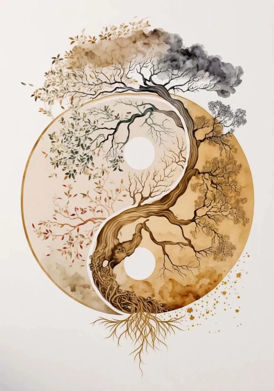 A watercolor painting depicting a tree branch forming the shape of a Yin-Yang symbol with foliage and clouds.