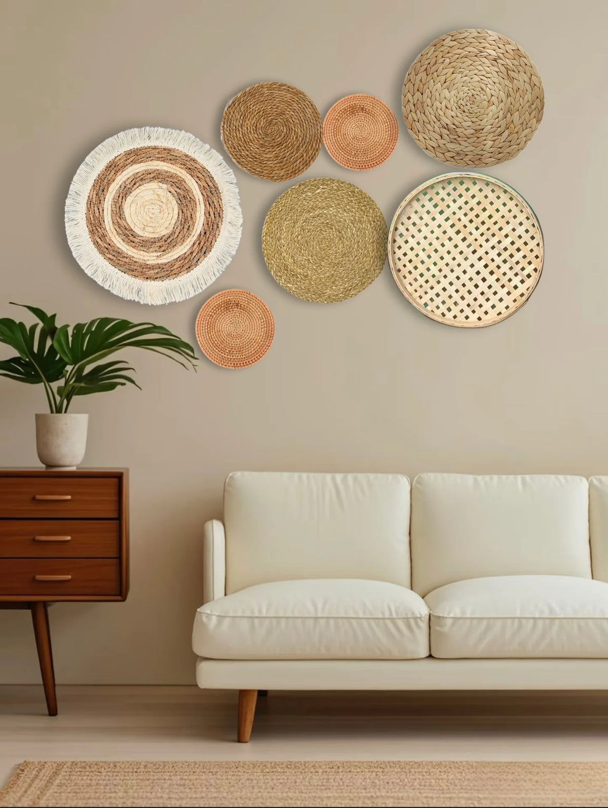 A gallery wall featuring various round woven straw and natural fiber wall hangings on a beige wall above a light sofa.