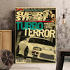 Affiche intitulée Turbo Terror présentant une Lancia blanche dans un style dramatique et brut.