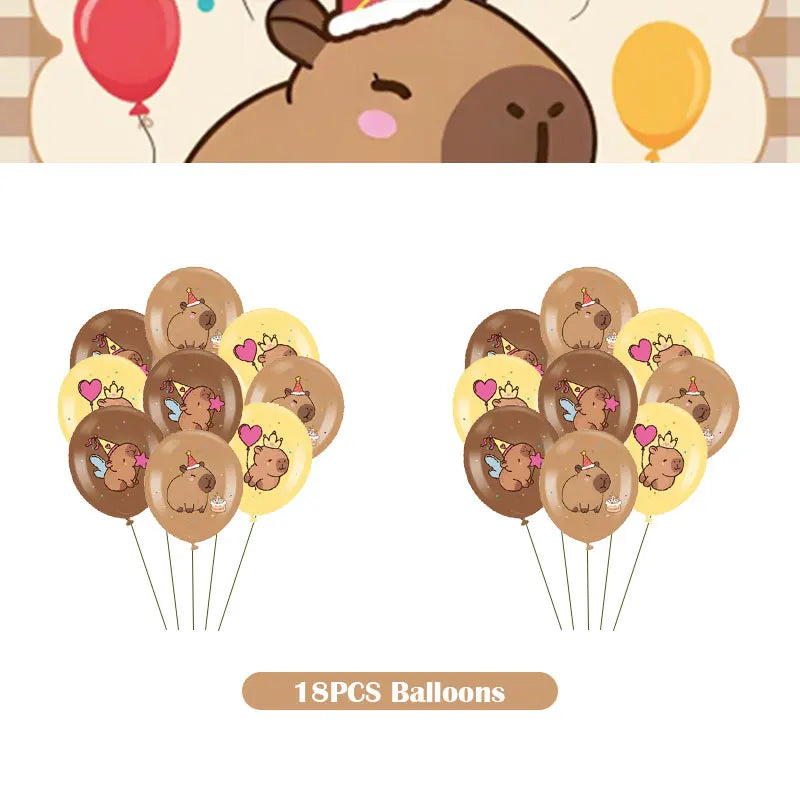 A set of 18 balloons featuring cute capybara designs for a birthday party decoration kit.