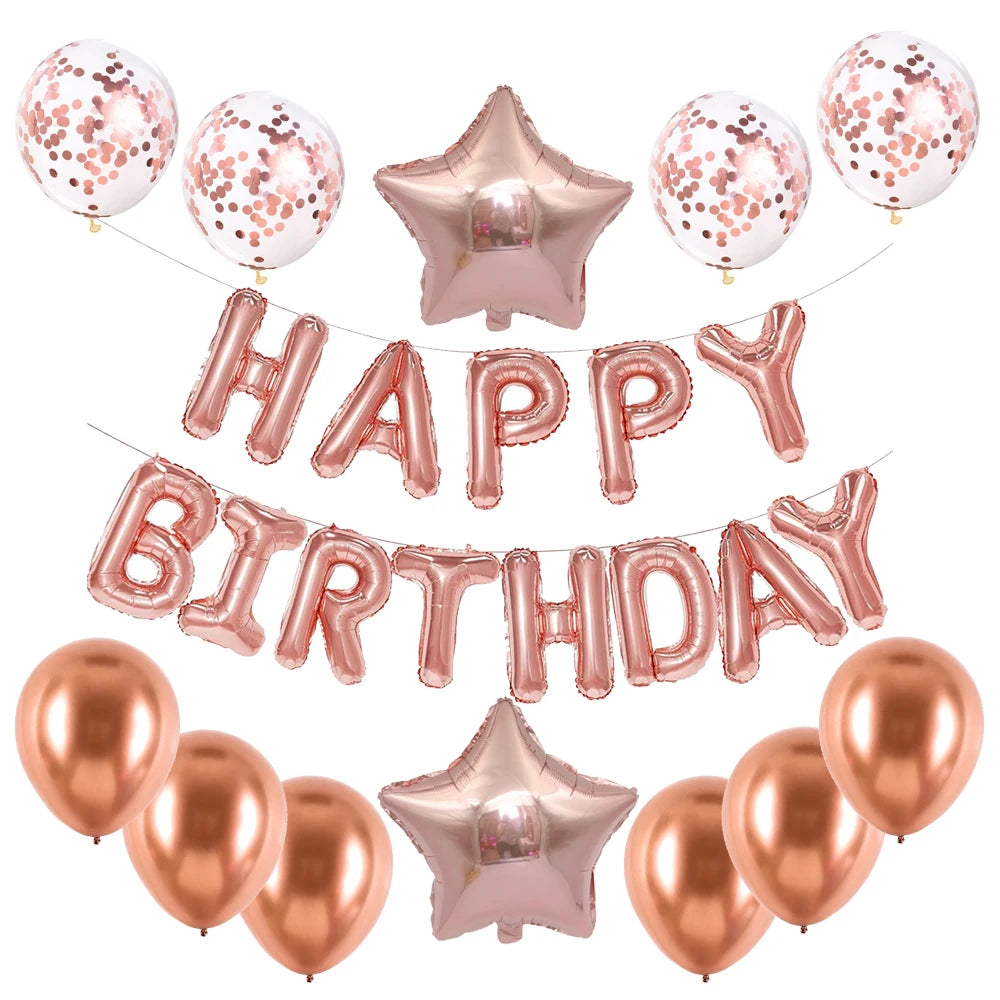 A set of pink and blue foil letter balloons and star shaped balloons for a birthday party decoration