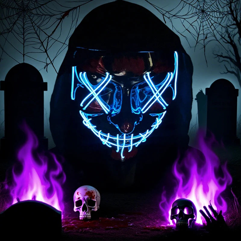 A dark figure wearing a hood and a glowing blue mask with neon wire details, set against a spooky background with purple flam