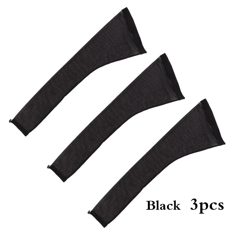 Three black stretchy hair net caps with drawstring sleeves.