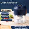 A blue mini electric vegetable shredder with a rotating blade is shown on a wooden cutting board.