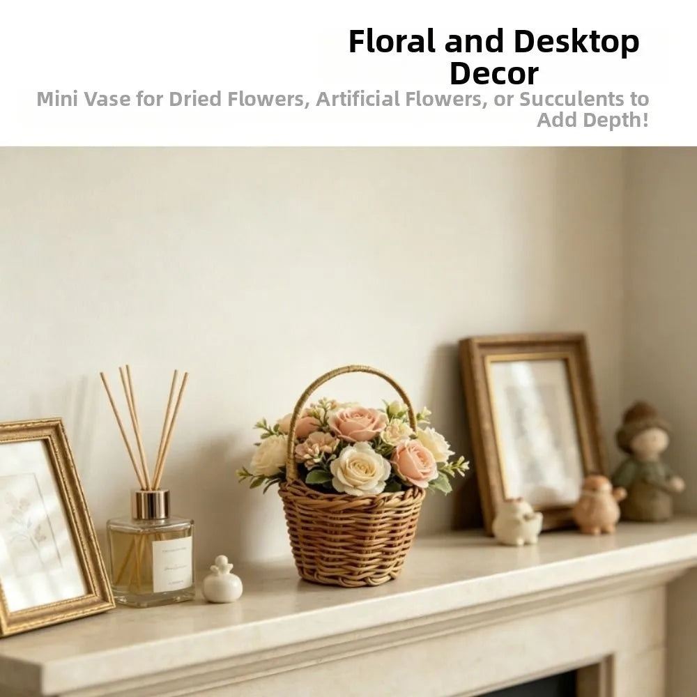 A woven rattan basket filled with dried flowers and greenery displayed on a mantelpiece.