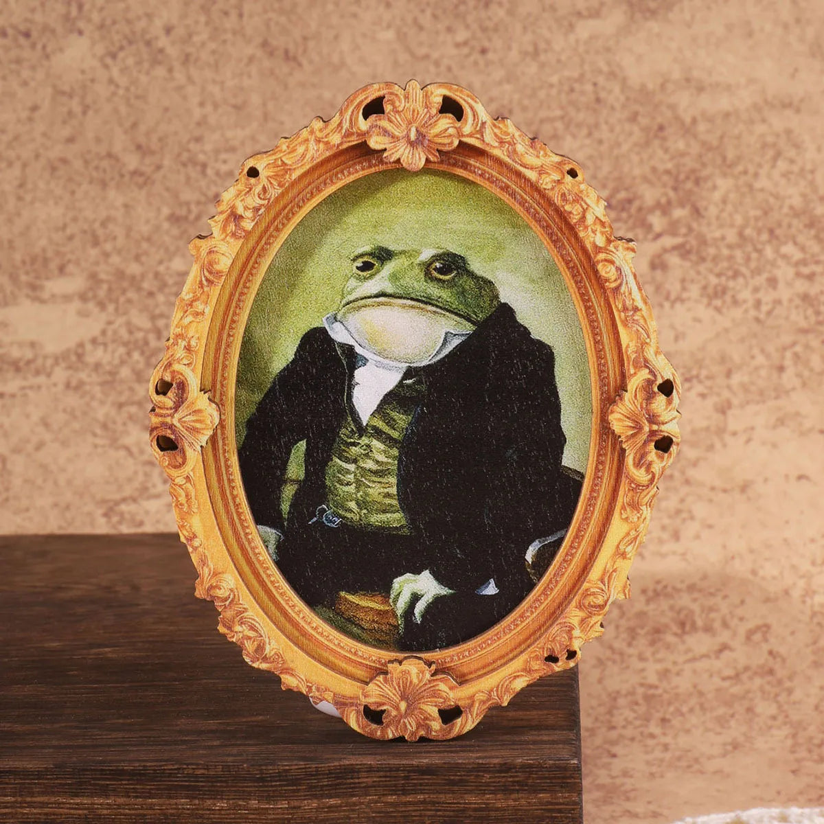 Vintage gentleman frog wooden fridge magnet framed in ornate gold