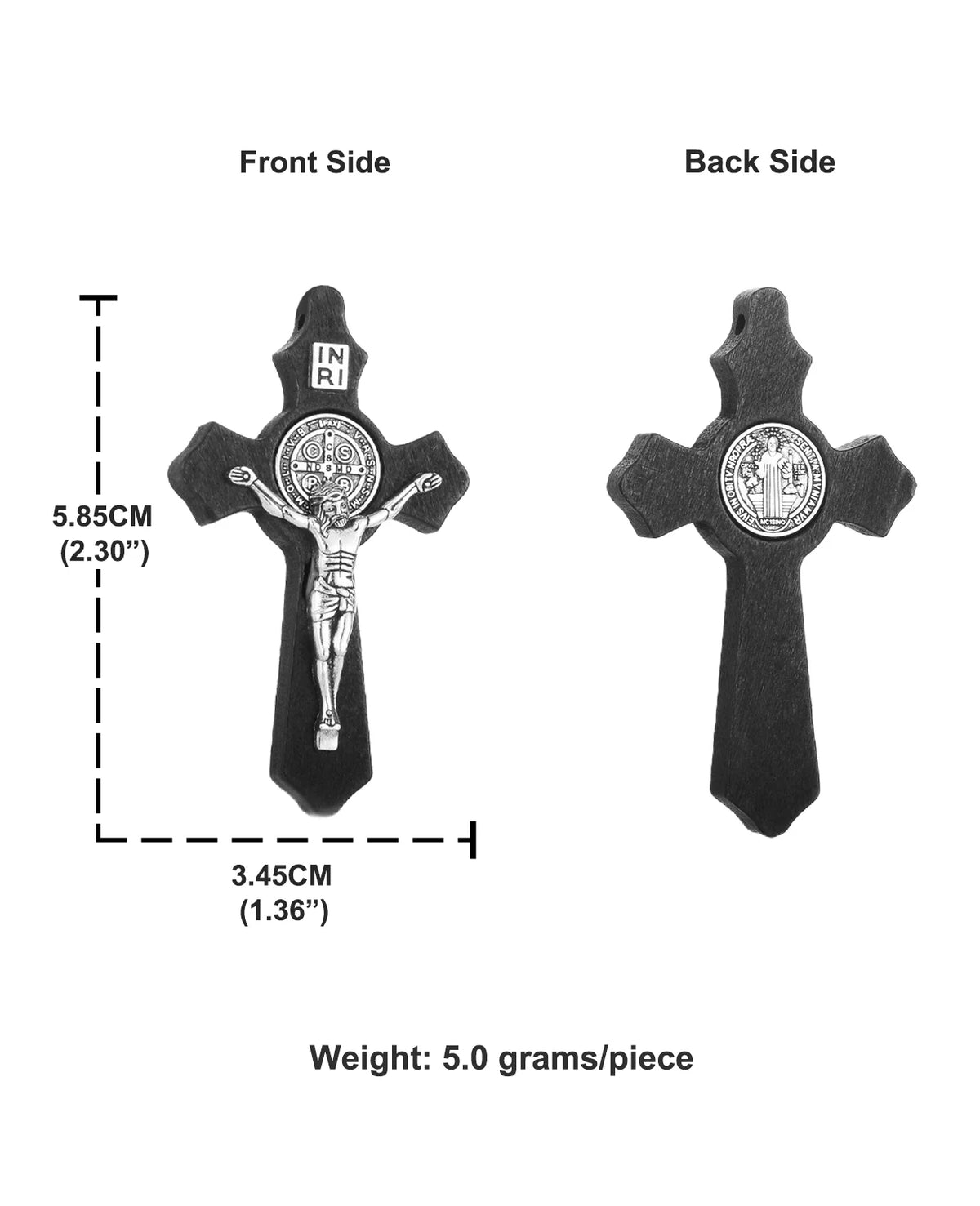 Front and back views of a wooden St. Benedict crucifix pendant with a figure of Christ.