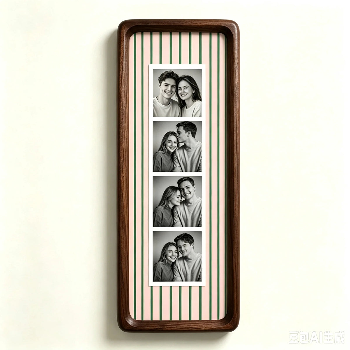 A vertical photo strip frame with a walnut wood border and alternating pale green and pink stripes, displaying six portrait p