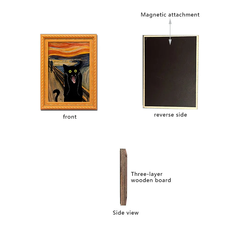 A picture frame with a black cat illustration on the front and a magnetic backing on the reverse side.