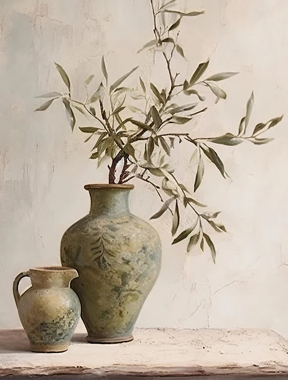 A ceramic vase holds olive branches against a light background.