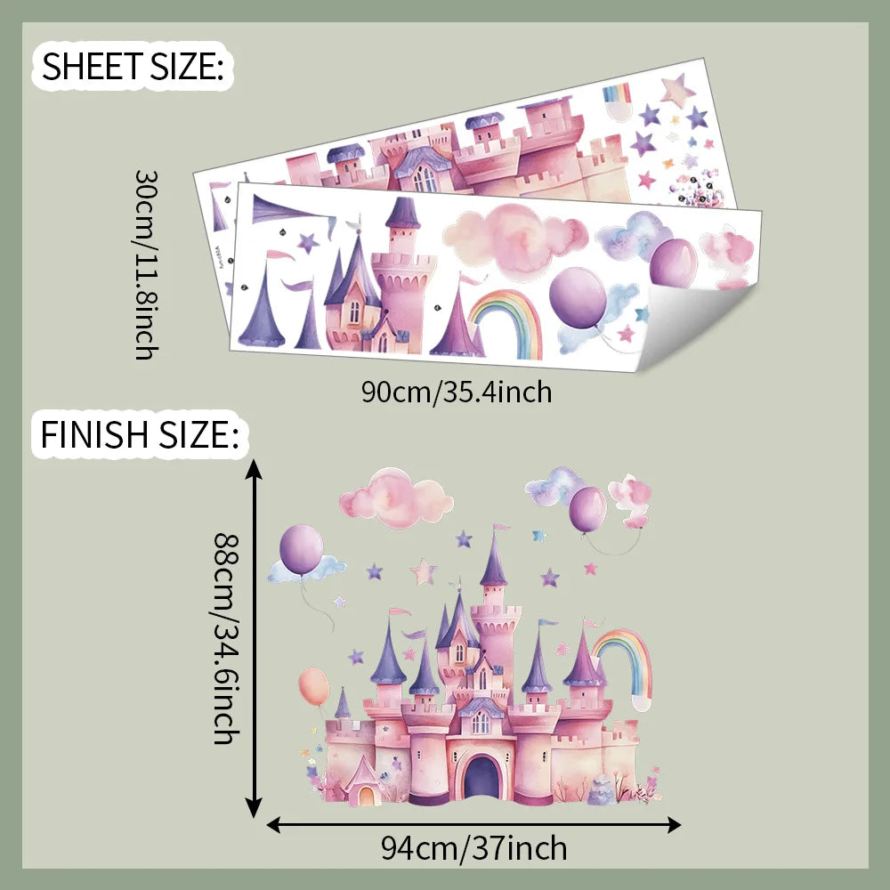 A sheet of pink castle wall decals featuring a large castle, rainbow, and clouds for kids' rooms.