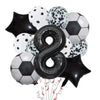 A collection of black and white football-shaped helium foil balloons for birthday party decorations.
