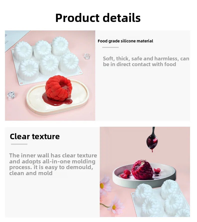 A set of white silicone molds for raspberry mousse desserts, showing a molded red raspberry and several finished dessert shap