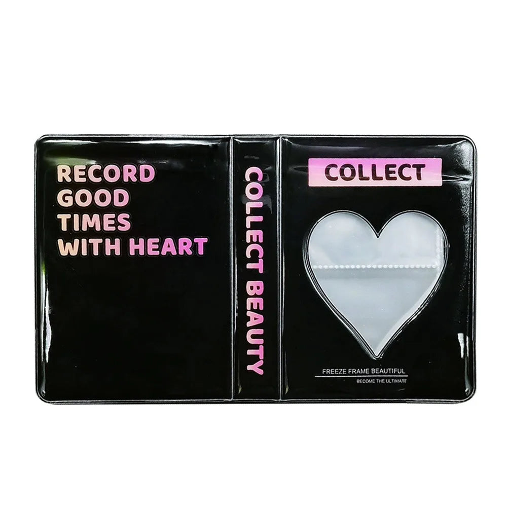 A black transparent photocard album with a heart-shaped window and text that reads Record good times with heart collect beaut