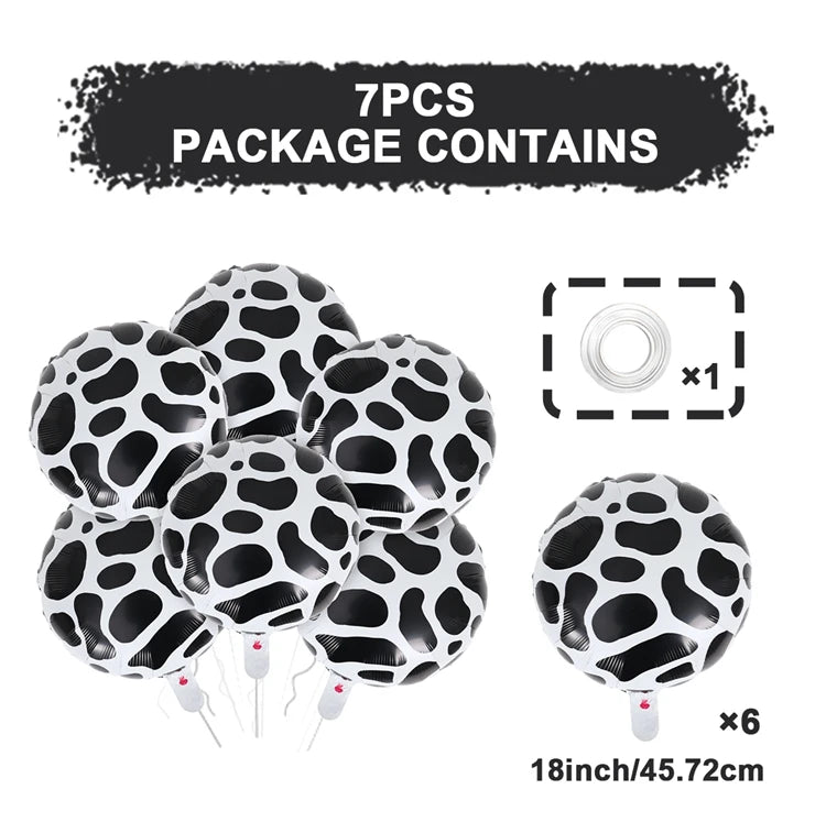 A package of 7 pieces of black and white spotted foil balloons, including an instruction card.