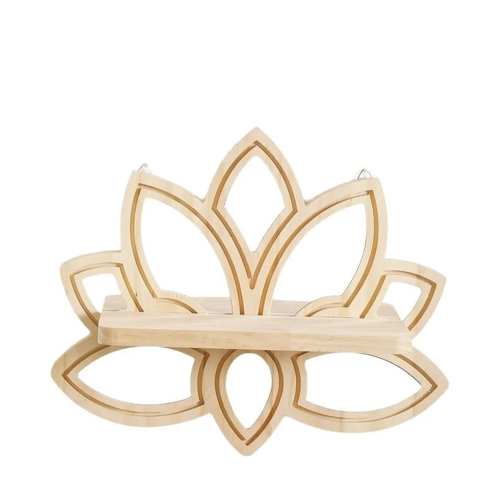 A decorative wooden lotus floating shelf made of light wood.