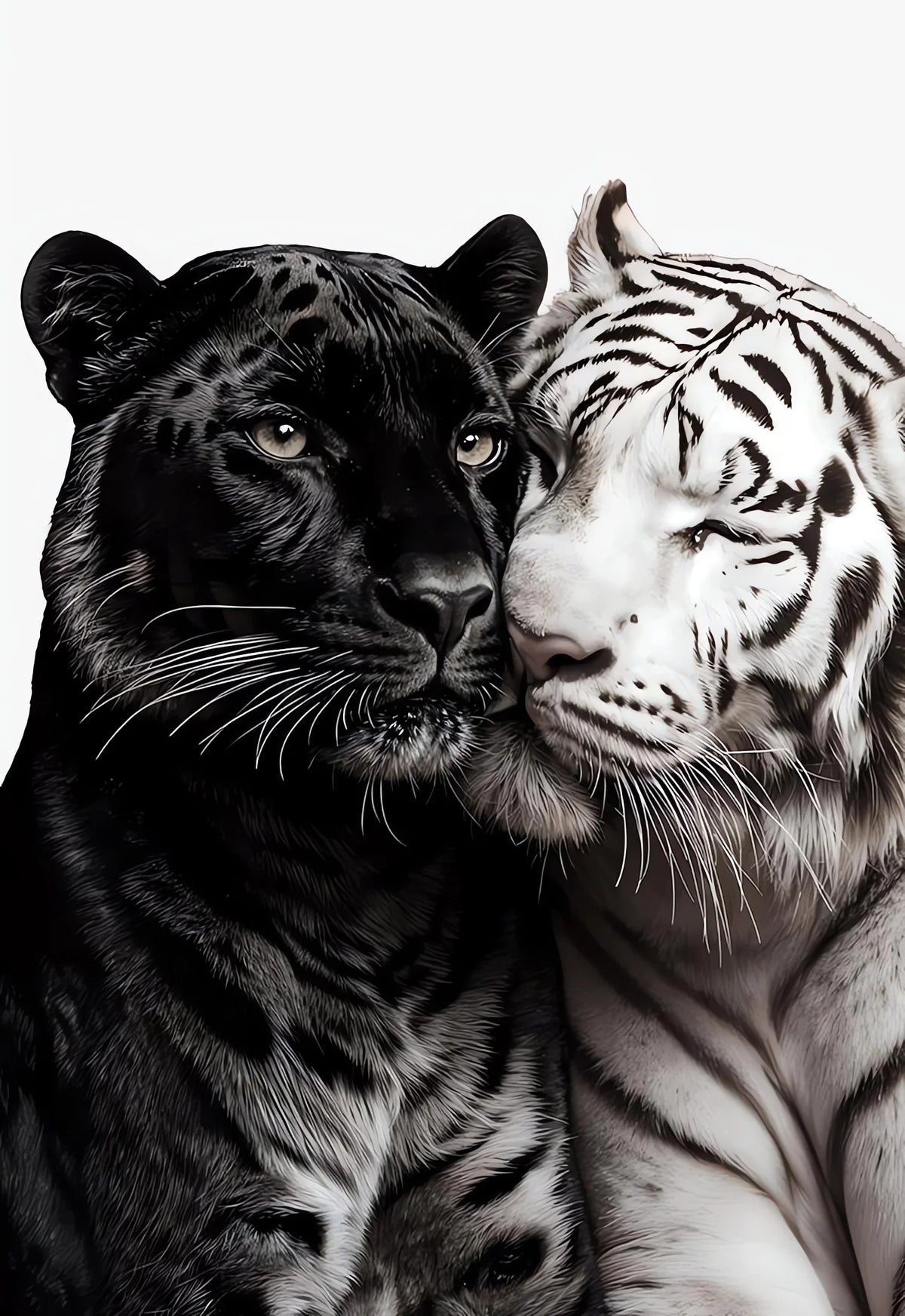 A close-up portrait of a black tiger and a white tiger touching noses against a white background.