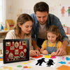 A father and daughter are assembling an illuminated museum-style photo display case with figurines on a table.