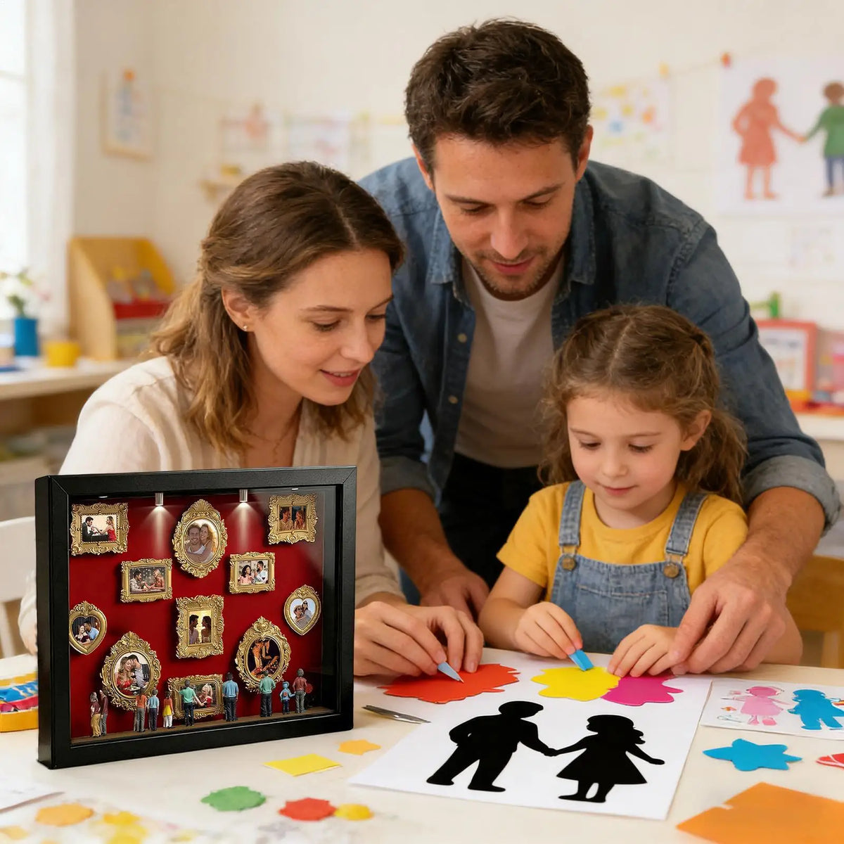 A father and daughter are assembling an illuminated museum-style photo display case with figurines on a table.