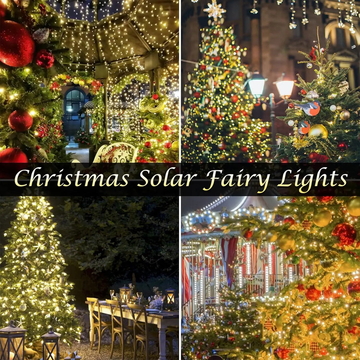 Christmas solar fairy lights featuring various decorative styles and lighting modes.