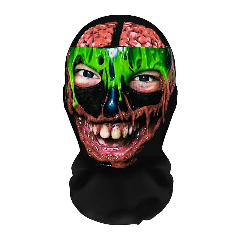 A realistic horror mesh balaclava mask featuring a green, dripping face and skull design.