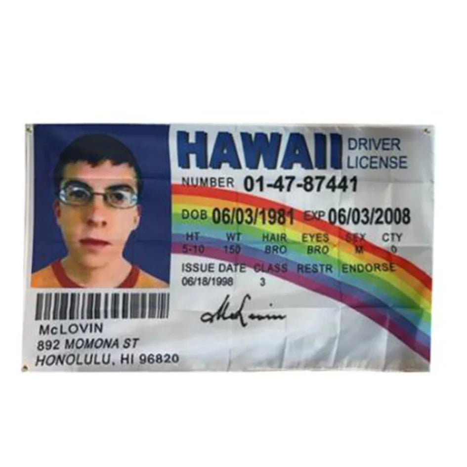 Permis de conduire pour Hawaï, délivré à McLOVIN, avec informations personnelles et un design arc-en-ciel.