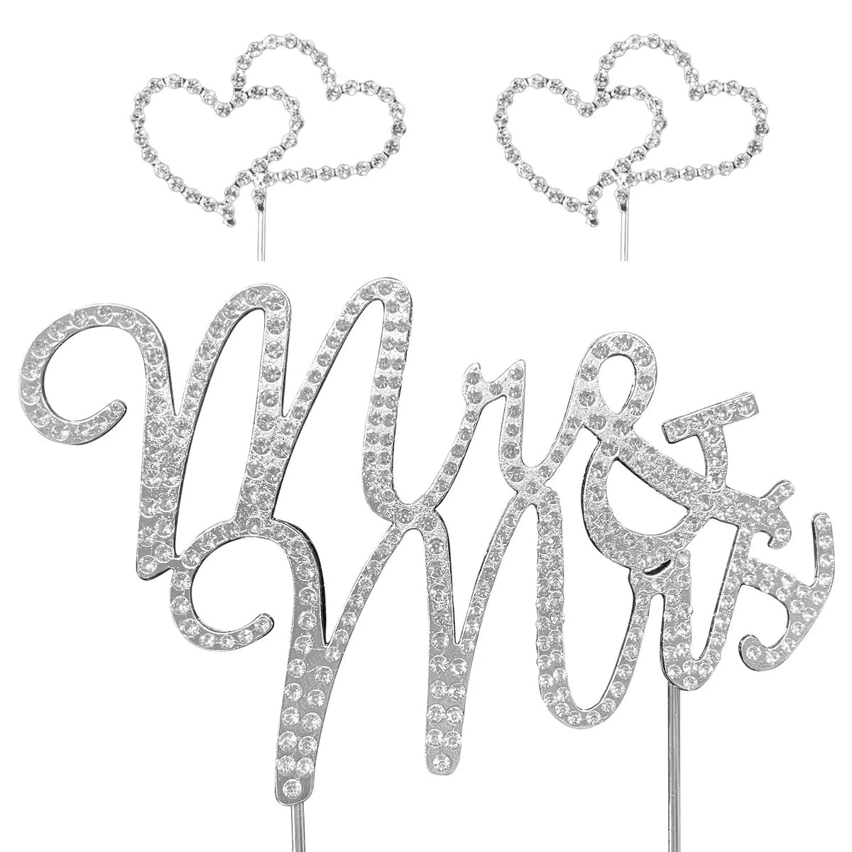 Silver crystal embellished Mr and Mrs wedding cake toppers with heart designs