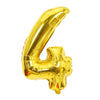 A shiny gold foil number balloon shaped like the numeral 4.