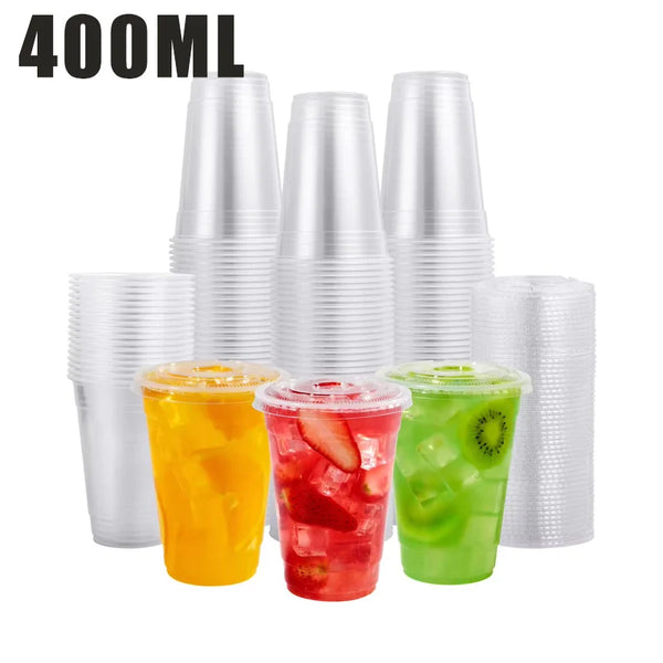 A set of four clear plastic cups with straws for drinks, including orange, red, and green colored liquids.