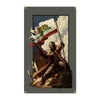 A historical painting depicting a figure in colonial attire holding a flag with a bear and eagle, set against a dramatic sky.