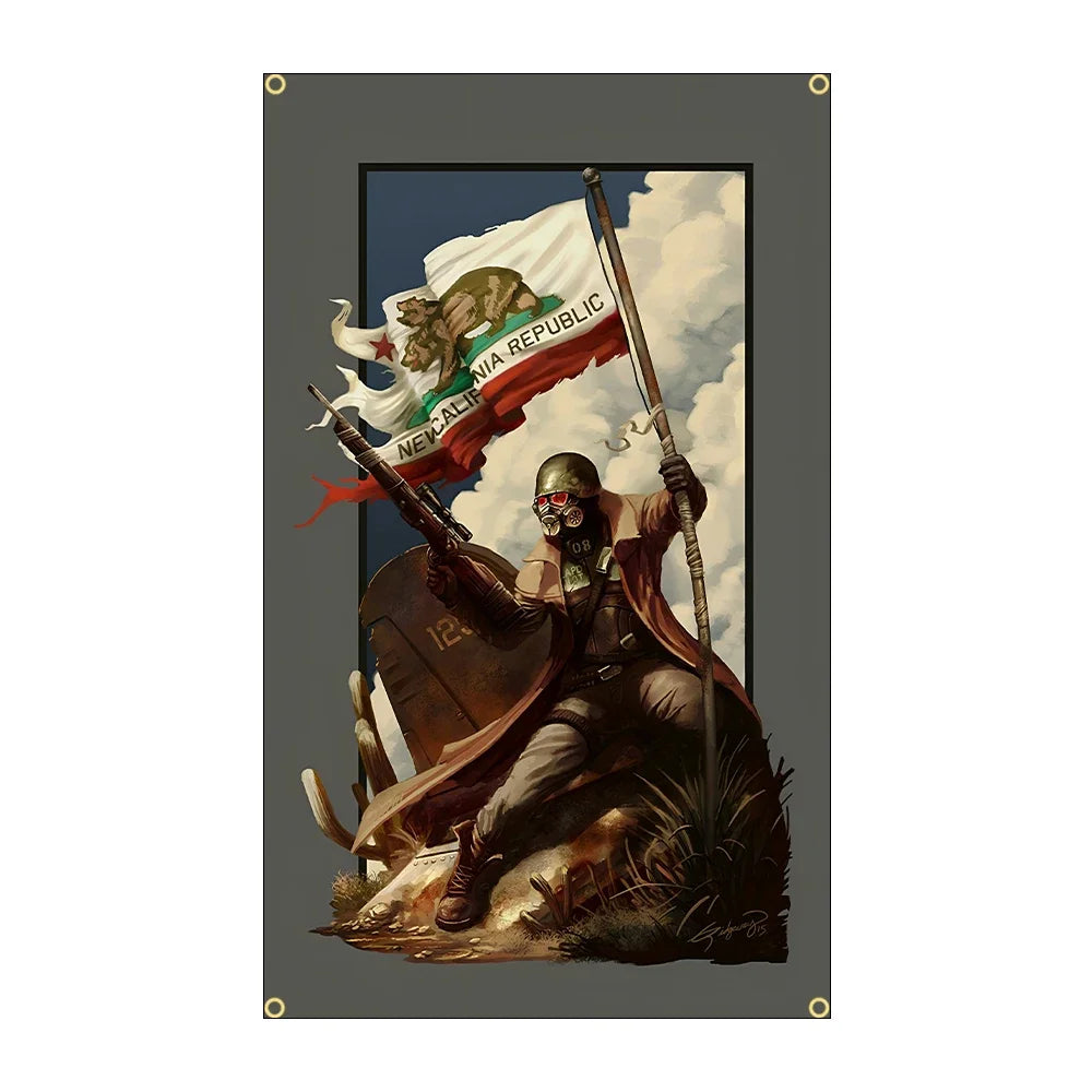 A historical painting depicting a figure in colonial attire holding a flag with a bear and eagle, set against a dramatic sky.