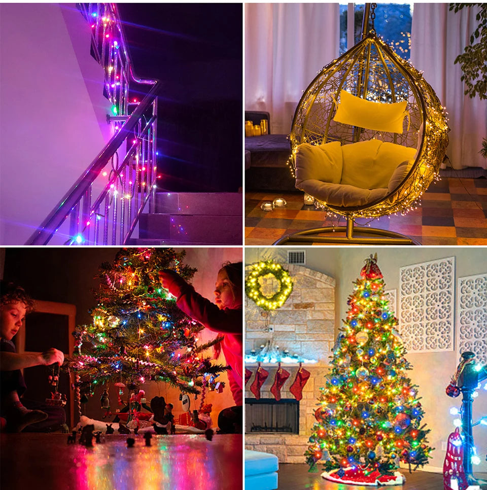 A collection of festive holiday lights, including a glowing Christmas tree and an ornate golden hanging chair.
