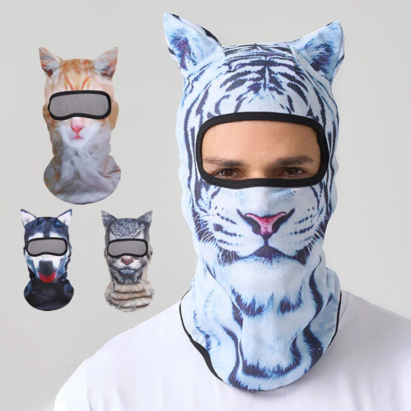 A man wearing a blue and white tiger print ski balaclava with cat ears.