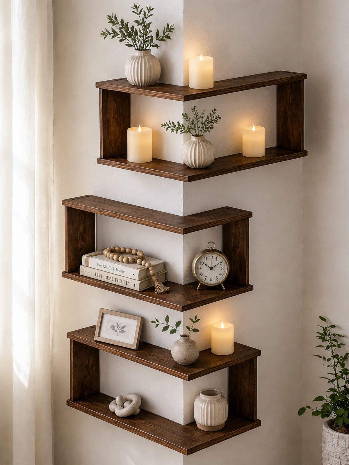 Corner Floating Wooden Wall Shelves for Home Decor