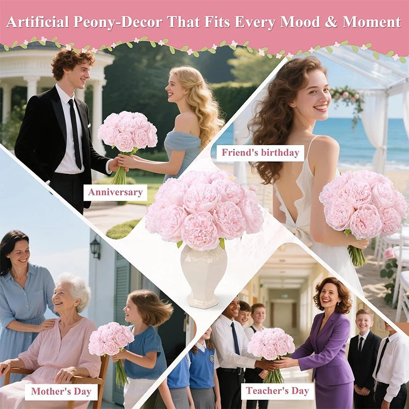 Artificial peony decor flowers in various shades of pink and white used for different occasions like birthday, anniversary, M