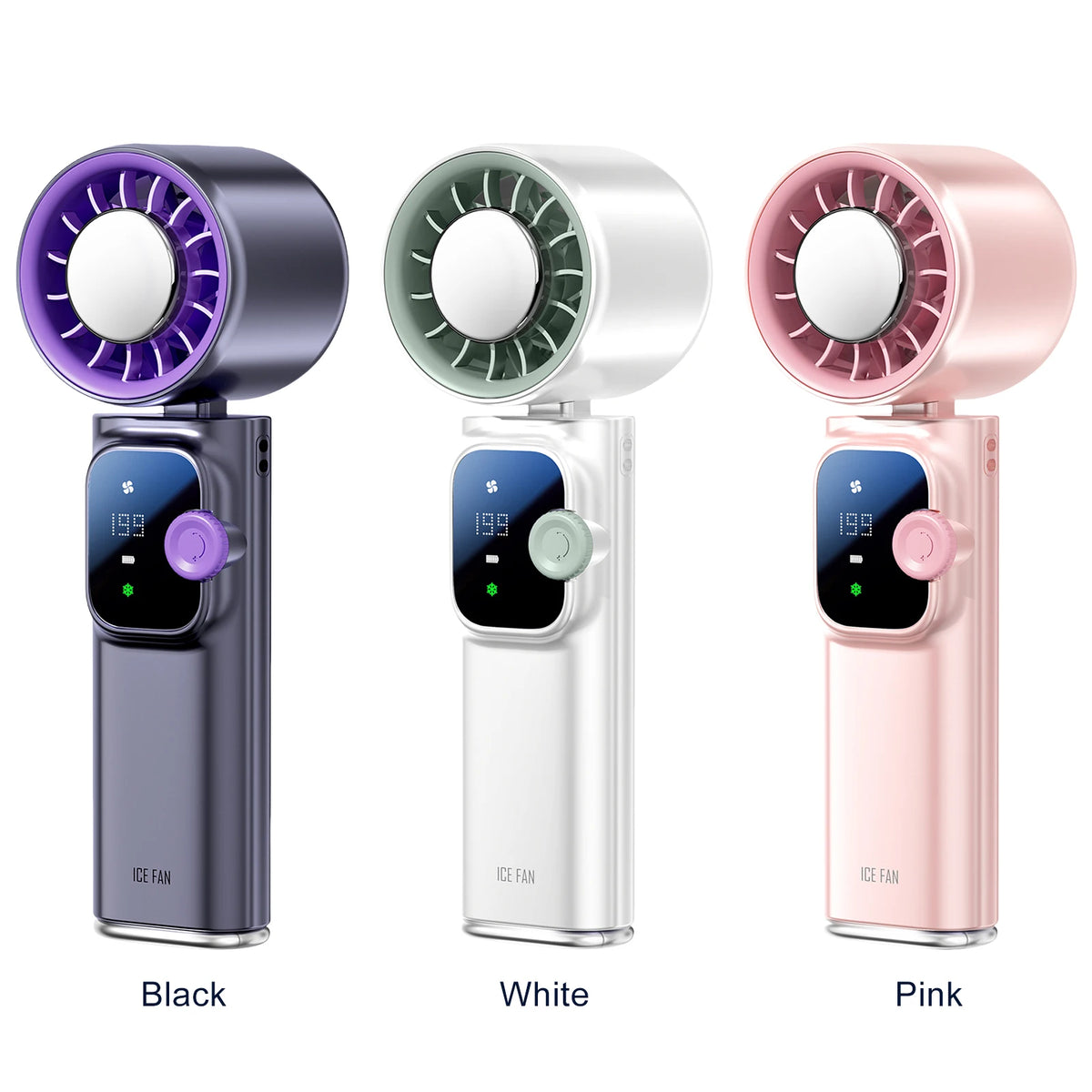 High-speed turbo cooling handheld fan in black, white, and pink colors shown side by side.
